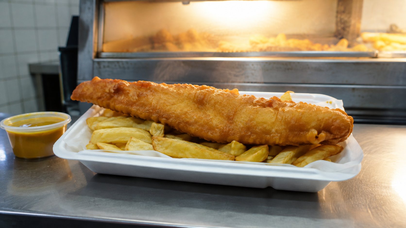 Fish and chips in a takeaway tray on the counter