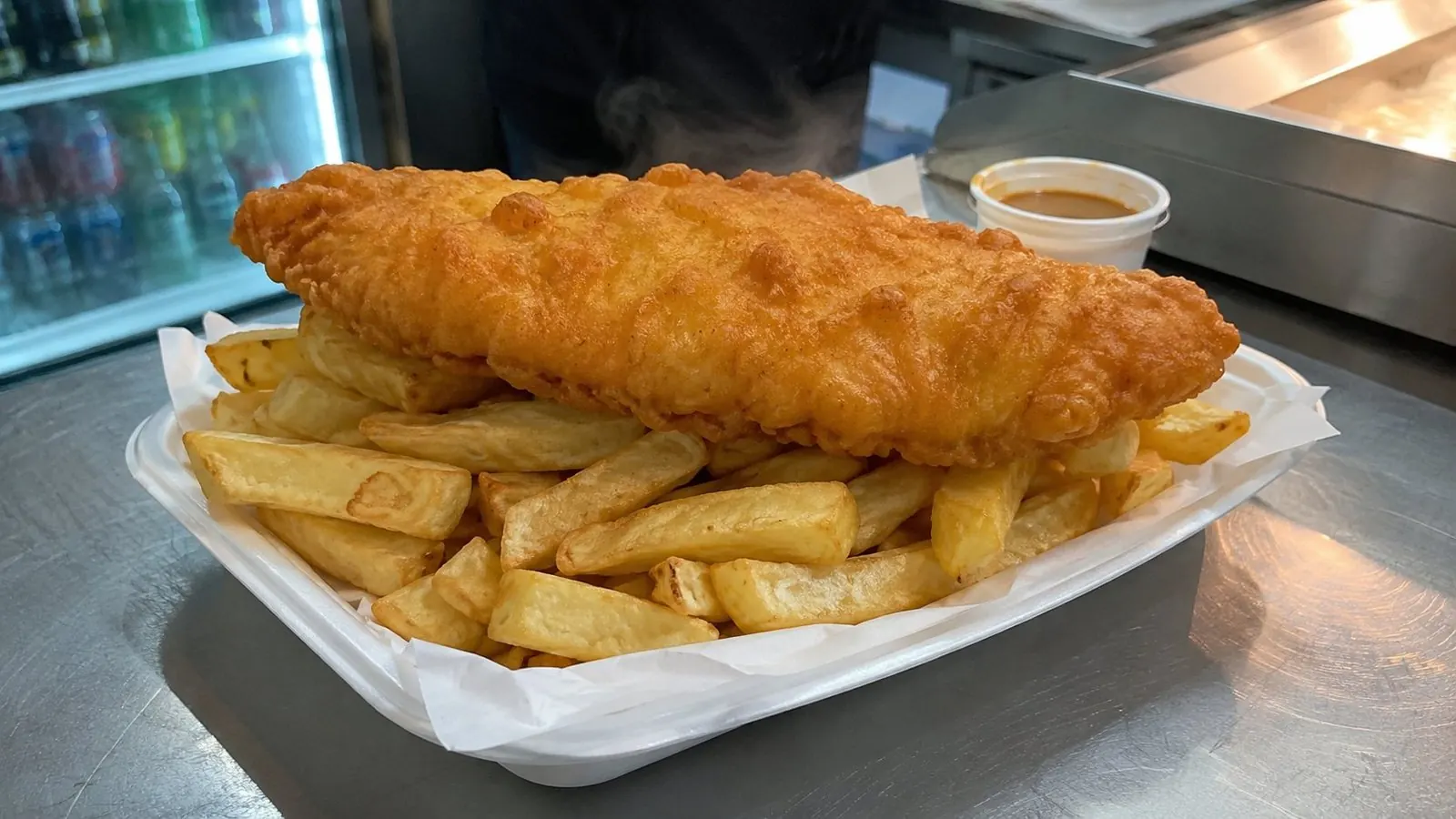 Fish and chips in a takeaway tray with curry sauce